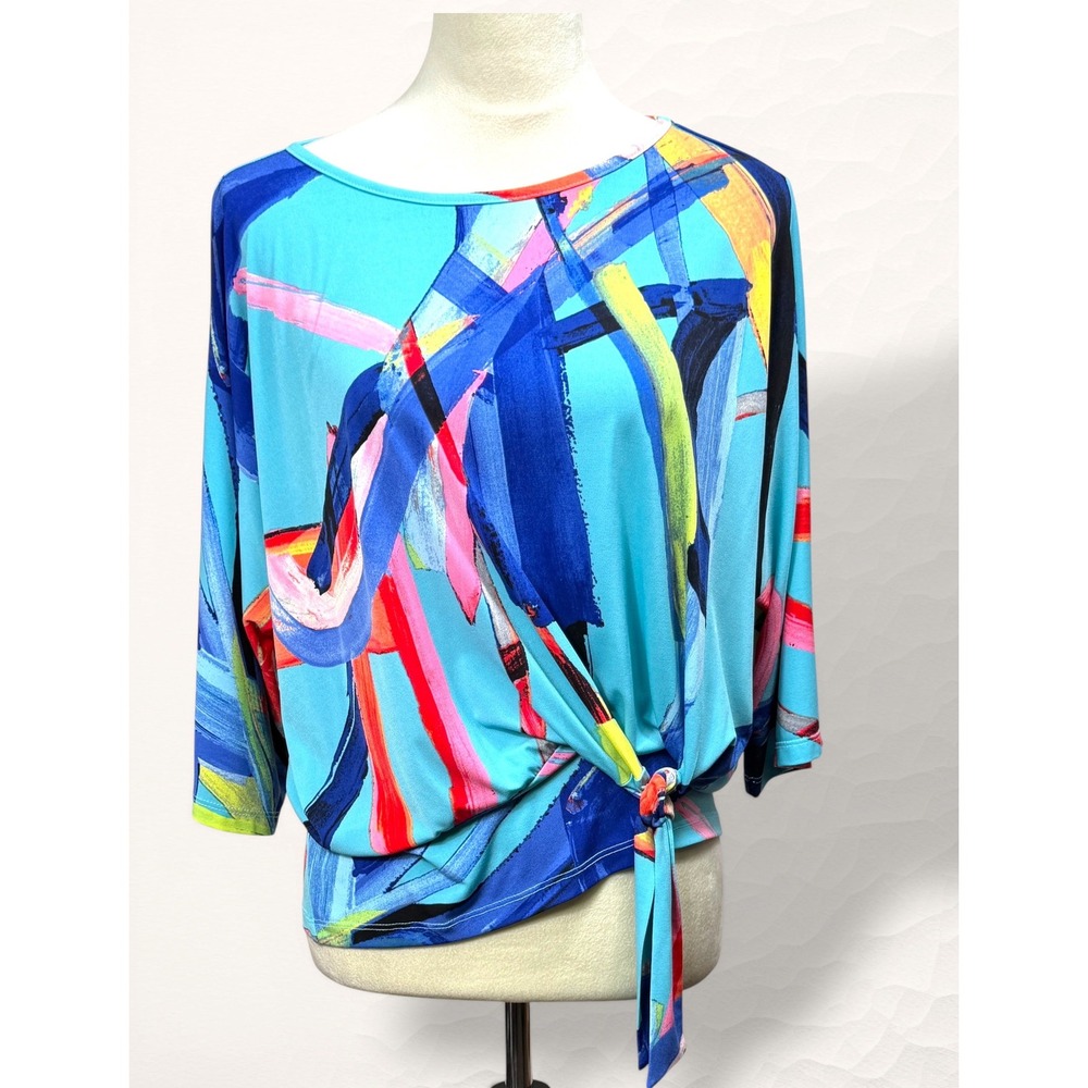 Clara Sunwoo Abstract Print Blouse Women Medium Blue Art To Wear Tie Front Top